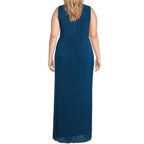 R&M Richards SZ 6Teal Peacock Glitter Pleated V-Neck Sleeveless Dress size 8 - Picture 2 of 9